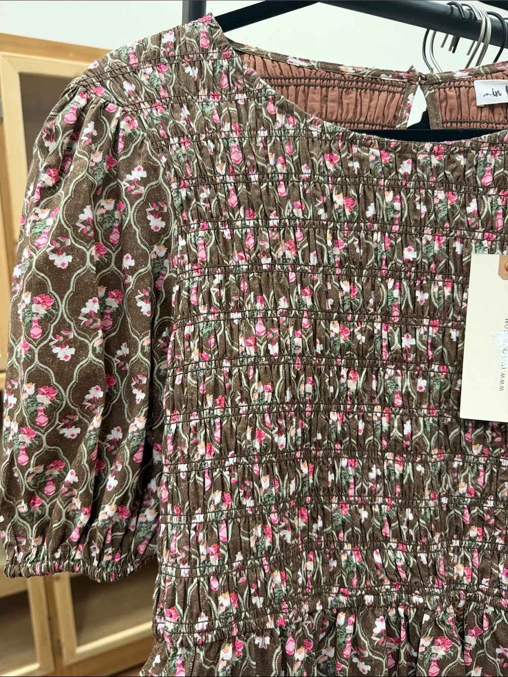 Smocked Puff Sleeve Maxi Dress in Brown with Pink Floral - Picture 3 of 4